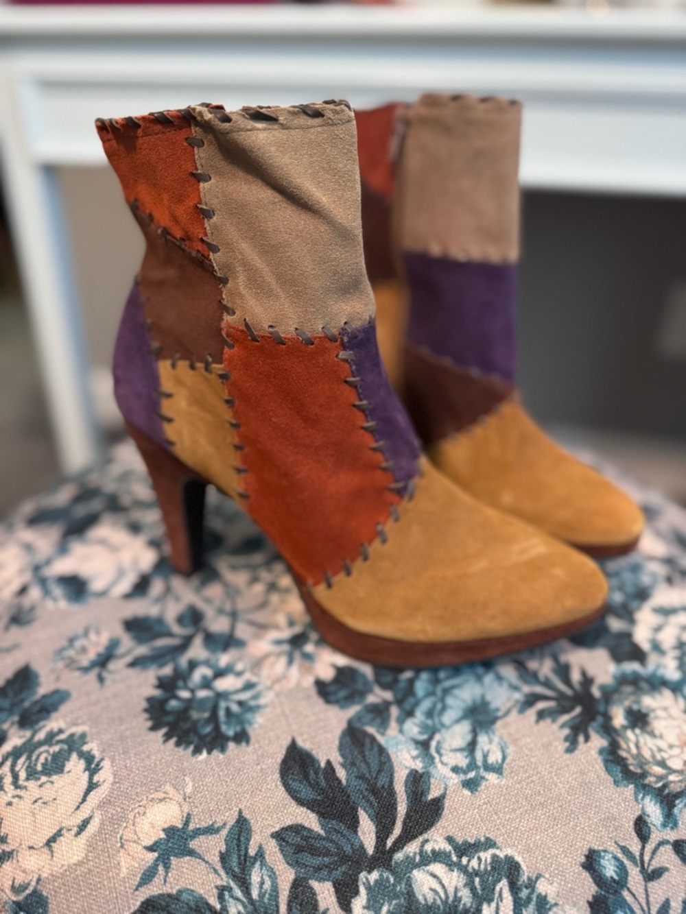 Gianni Bini Patchwork Suede Ankle Boots - Tan, Rust, Purple, Brown